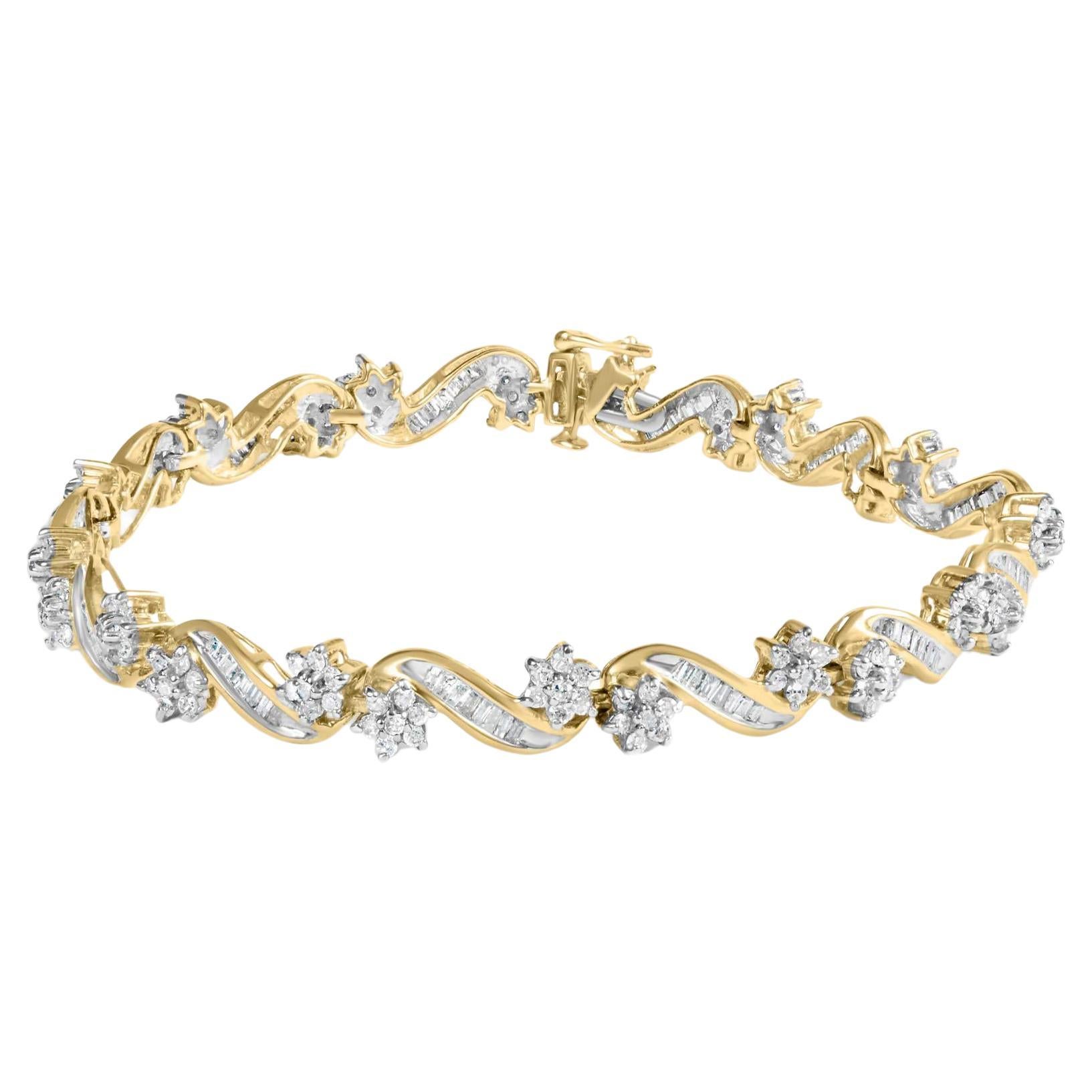 Flower Diamond Link Bracelet Round and Baguette Cut 3 Carats 10K Yellow Gold For Sale