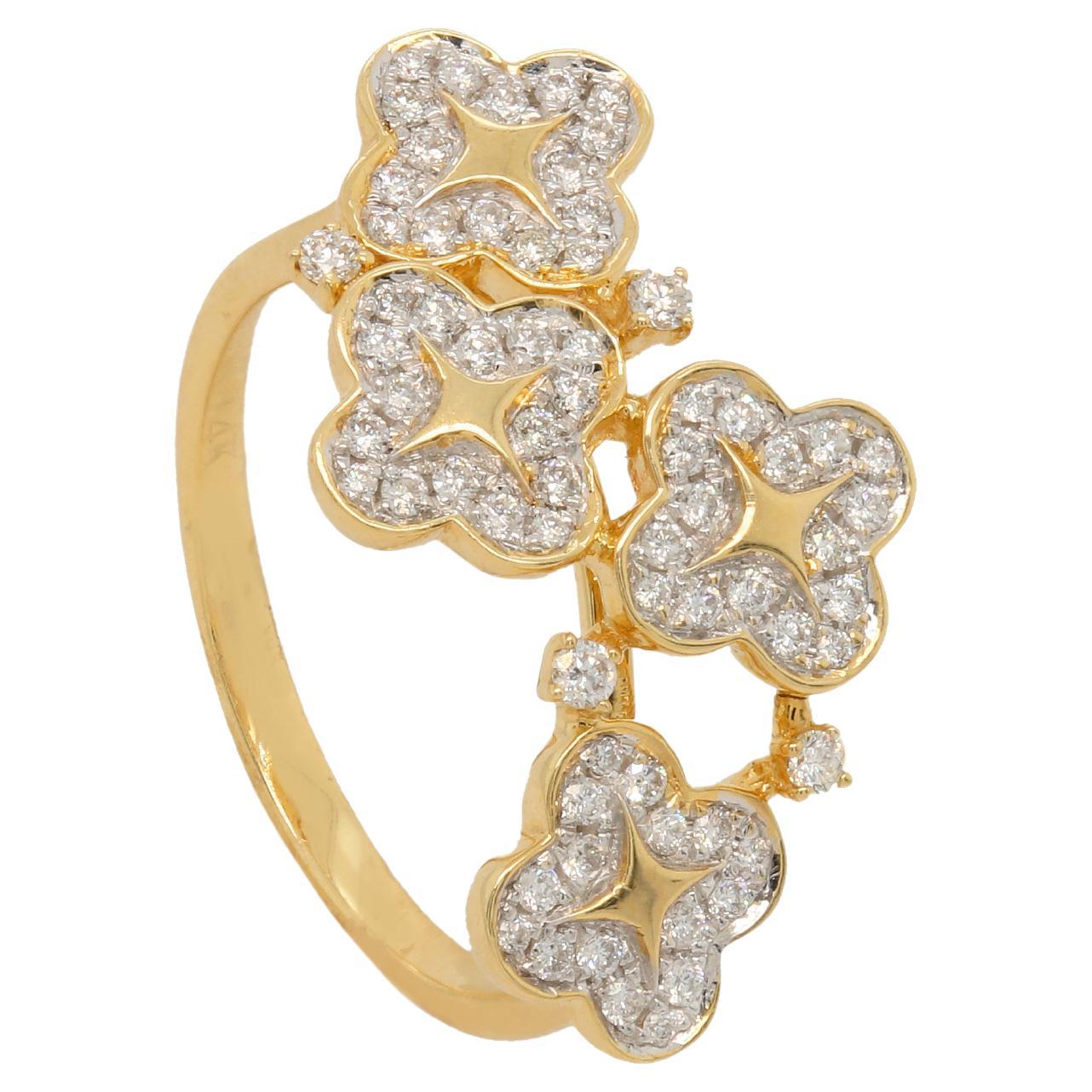 Flower Diamond Ring 14K Yellow Gold For Sale at 1stDibs