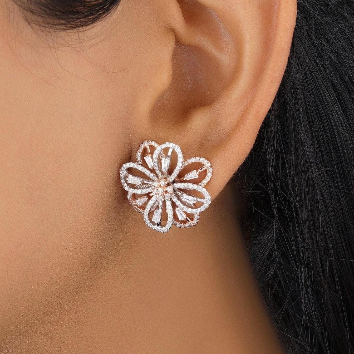 Art déco Boucles d'oreilles fleurs en or massif 14k (certifié) en vente
