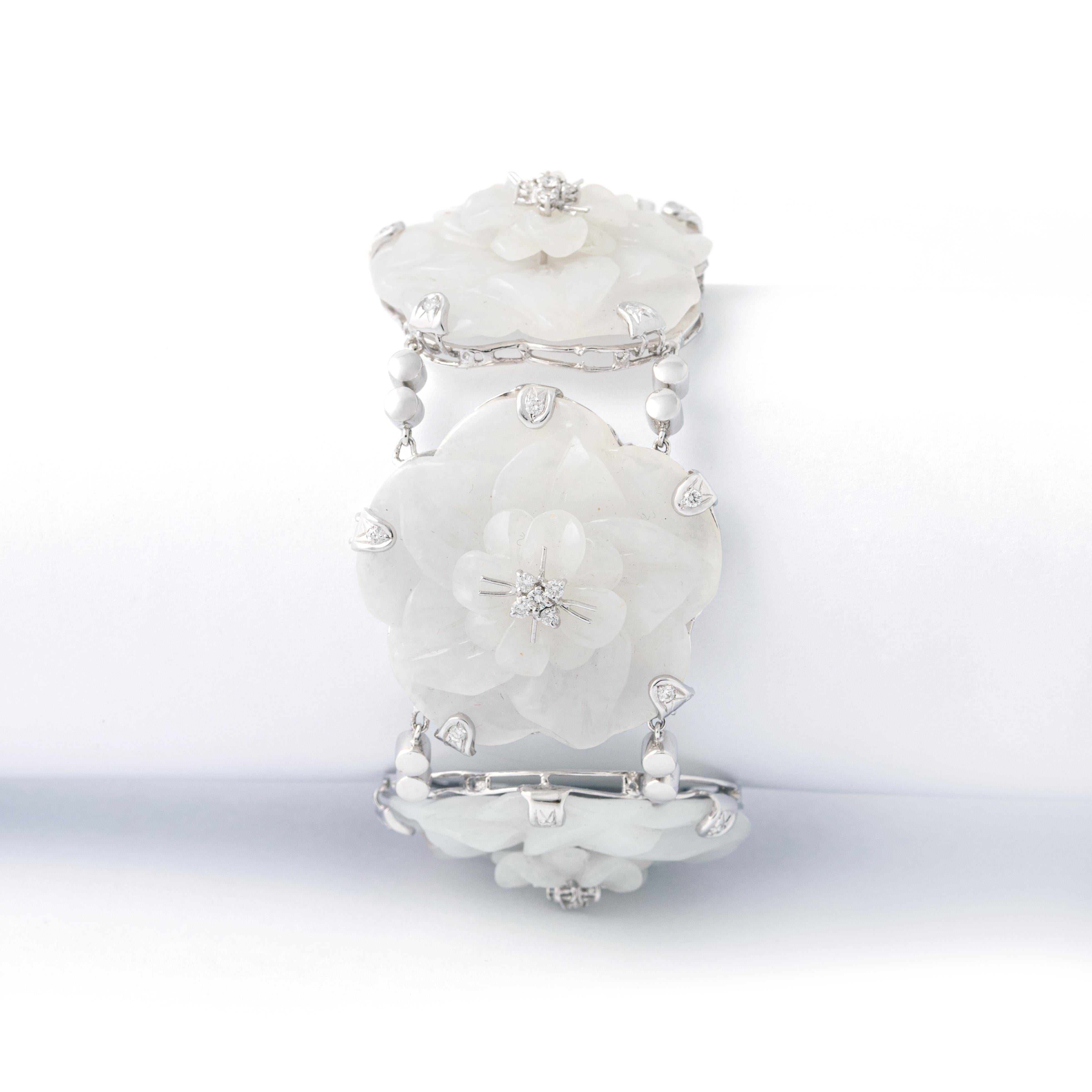 Round Cut Flower Diamond White Gold Bracelet For Sale