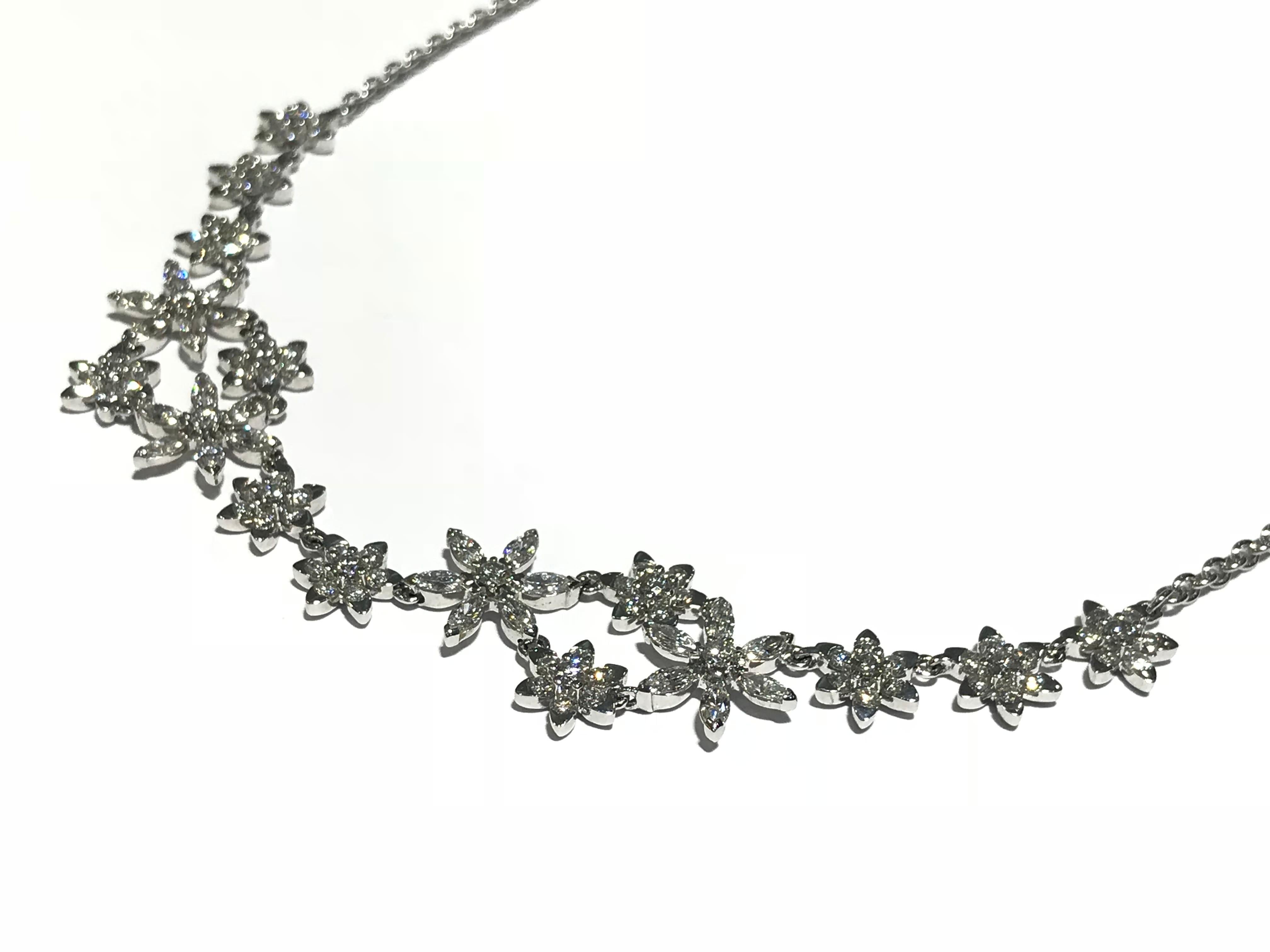 Flower Diamonds Necklace set in 18 kt w/g 
3.48 carat diamonds VS clarity F colour 
Lobster Claw 
18 inches in length 
