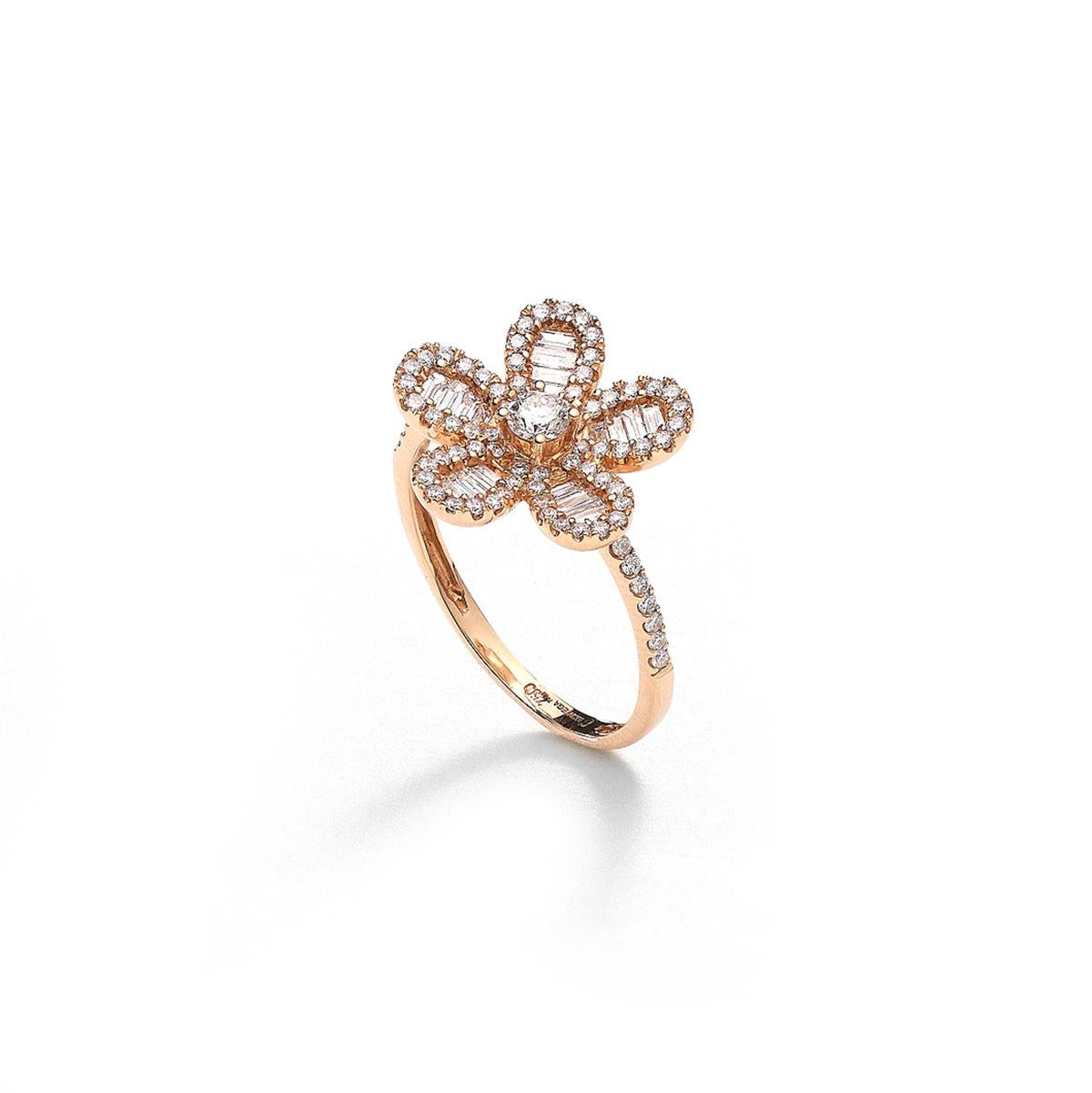 Flower ring in 18kt pink gold set with 80 diamonds 0.44 cts and 20 baguette cut diamonds 0.24 cts Size 52