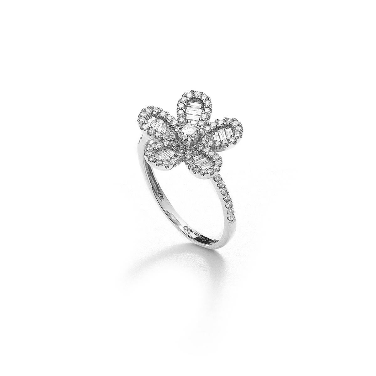 Flower ring in 18kt white gold set with 80 diamonds 0.44 cts and 20 baguette cut diamonds 0.23 cts Size 54