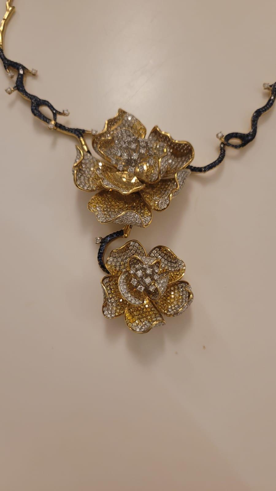 Round Cut Flower Diamonds, Yellow Diamonds, Blue Sapphire Necklace, 1 Masterpiece