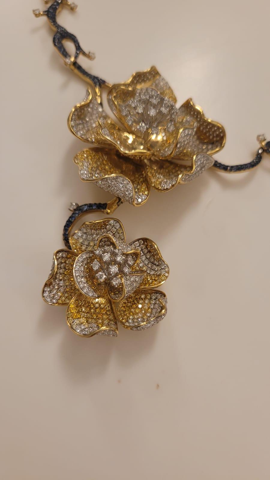 Flower Diamonds, Yellow Diamonds, Blue Sapphire Necklace, 1 Masterpiece In New Condition In Hong Kong, HK