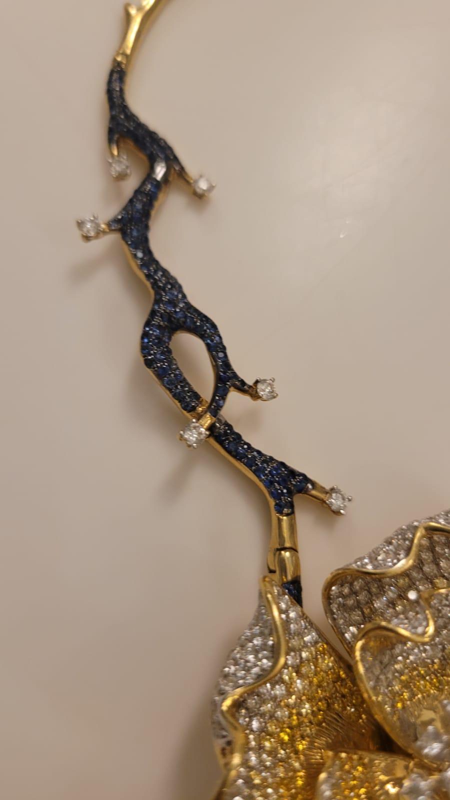 Women's or Men's Flower Diamonds, Yellow Diamonds, Blue Sapphire Necklace, 1 Masterpiece