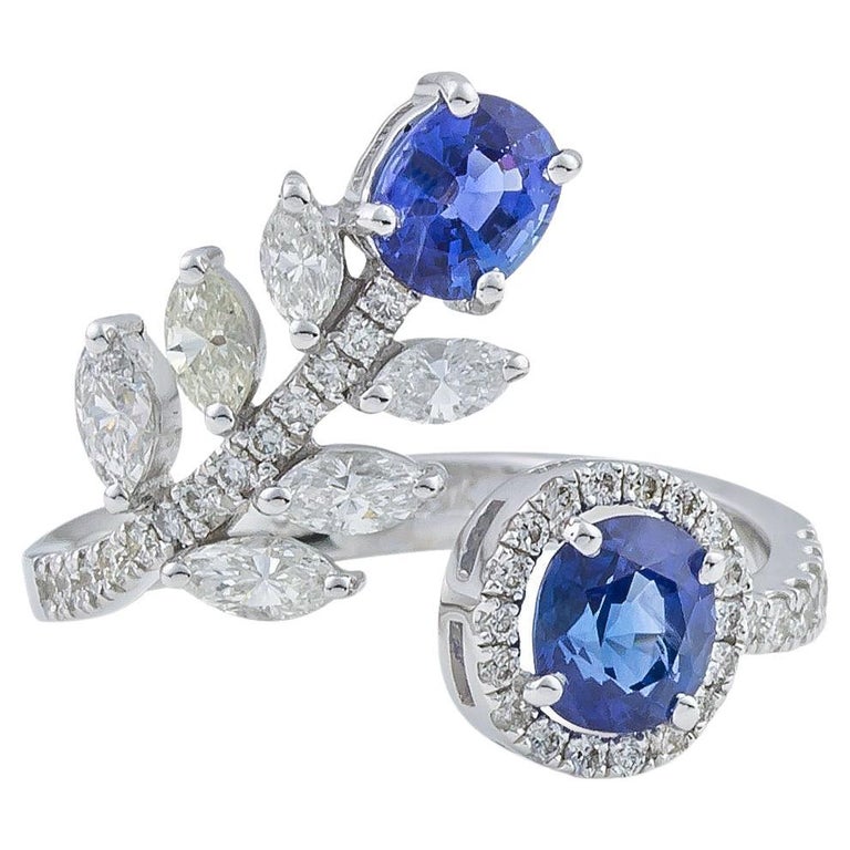Flower Disconnected Ring 18Kt White Gold with Blue Sapphire & Marquise Diamonds For Sale