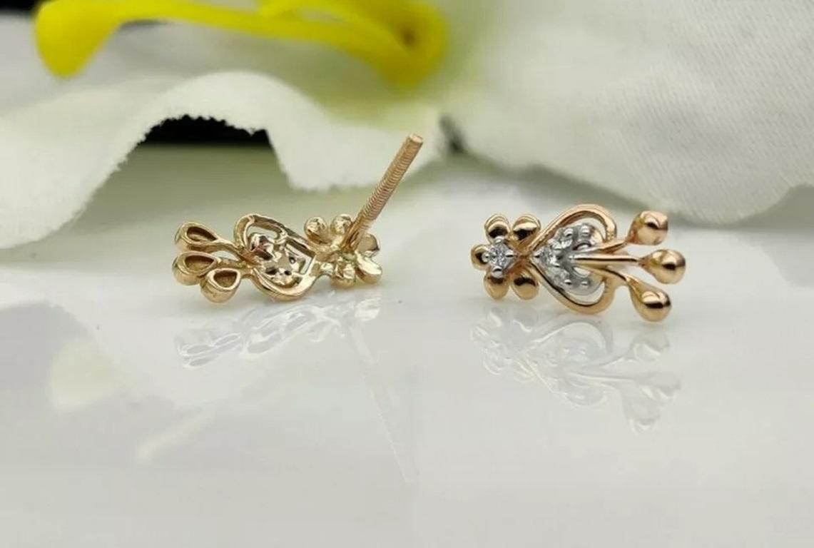 Blumen-Ohrring 14k Massivgold Diamant-Blumen-Ohrstecker mit floralen Ohrsteckern Geburtstags-Ohrsteckern Geschenk (Rundschliff) im Angebot