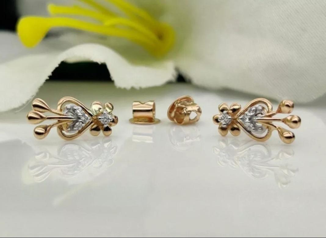Art Deco Flower Earring 14k Solid Gold Diamond Floral Studs Earrings Birthday Ear Gift. For Sale