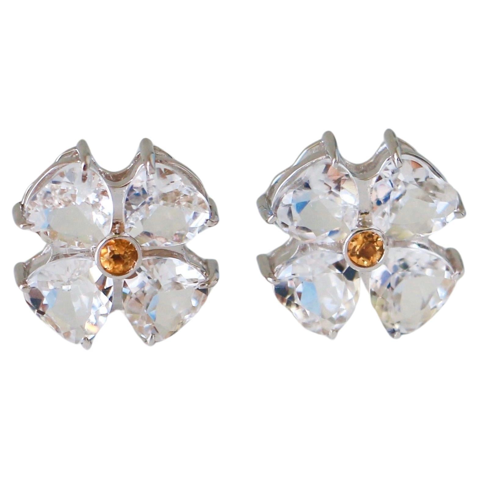 Flower Earrings & Citrine - 18K Solid White Gold