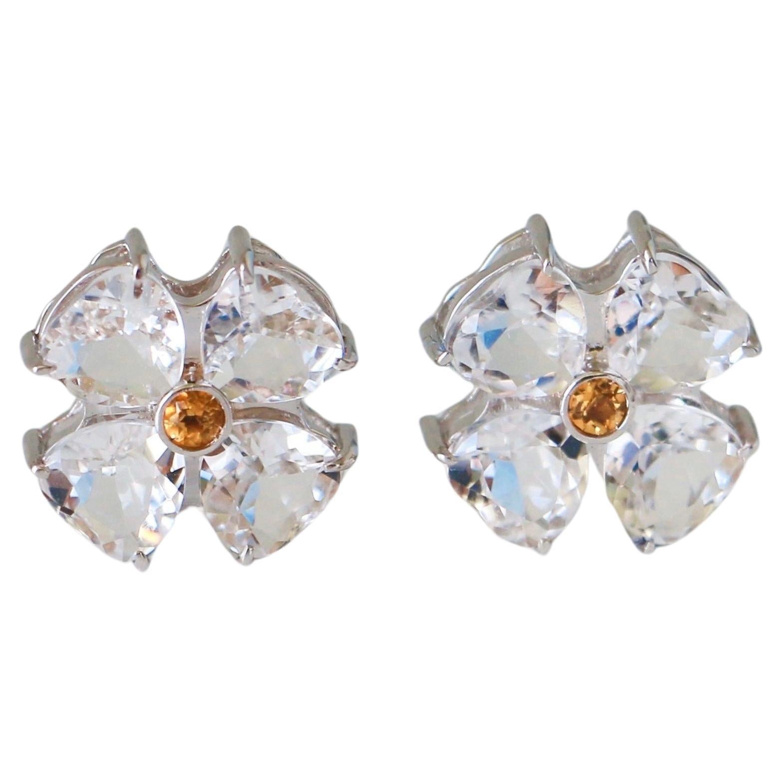 Flower Earrings & Citrine - 18K Solid White Gold 