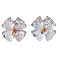 Flower Earrings & Citrine - 18K Solid White Gold 