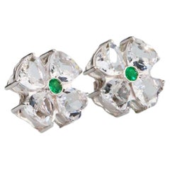 Boucles d'oreilles fleur et émeraude - or blanc massif 18 carats