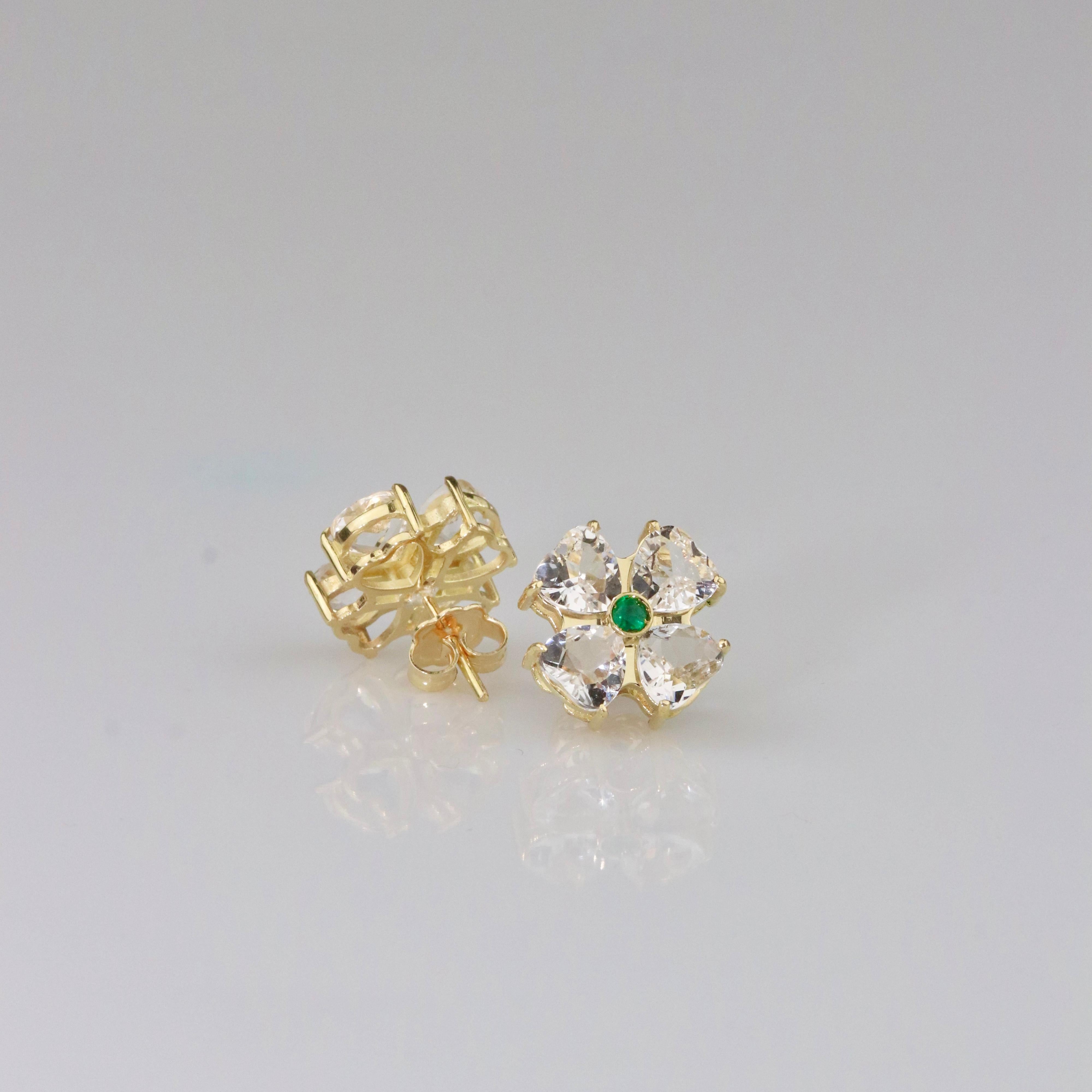 Boucles d'oreilles fleurs et émeraude - Or jaune massif 18K Neuf - En vente à Markham, CA