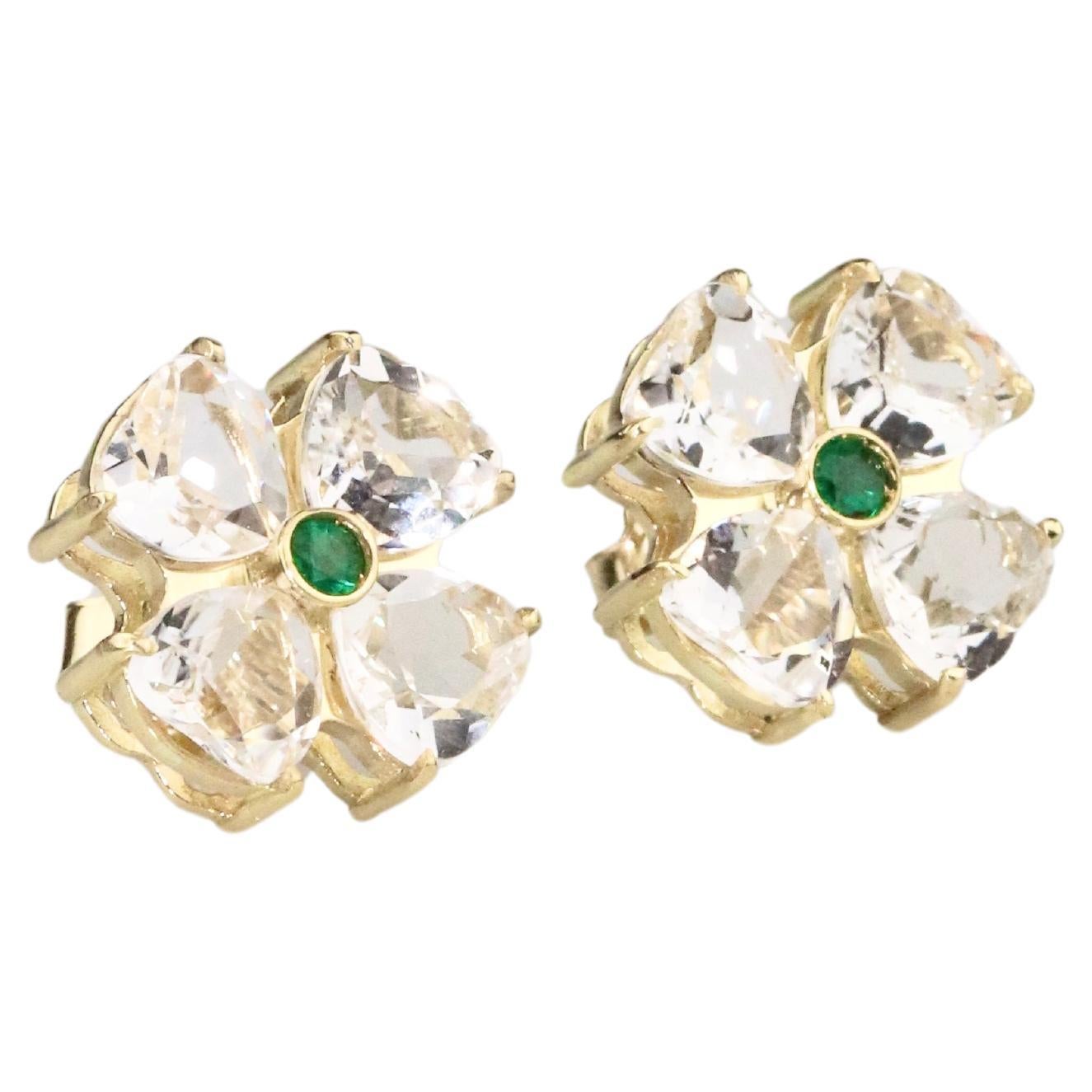 Flower Earrings & Emerald - 18K Solid Yellow Gold For Sale