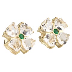 Transparent Flower Earrings & Emerald - 18K Solid Yellow Gold