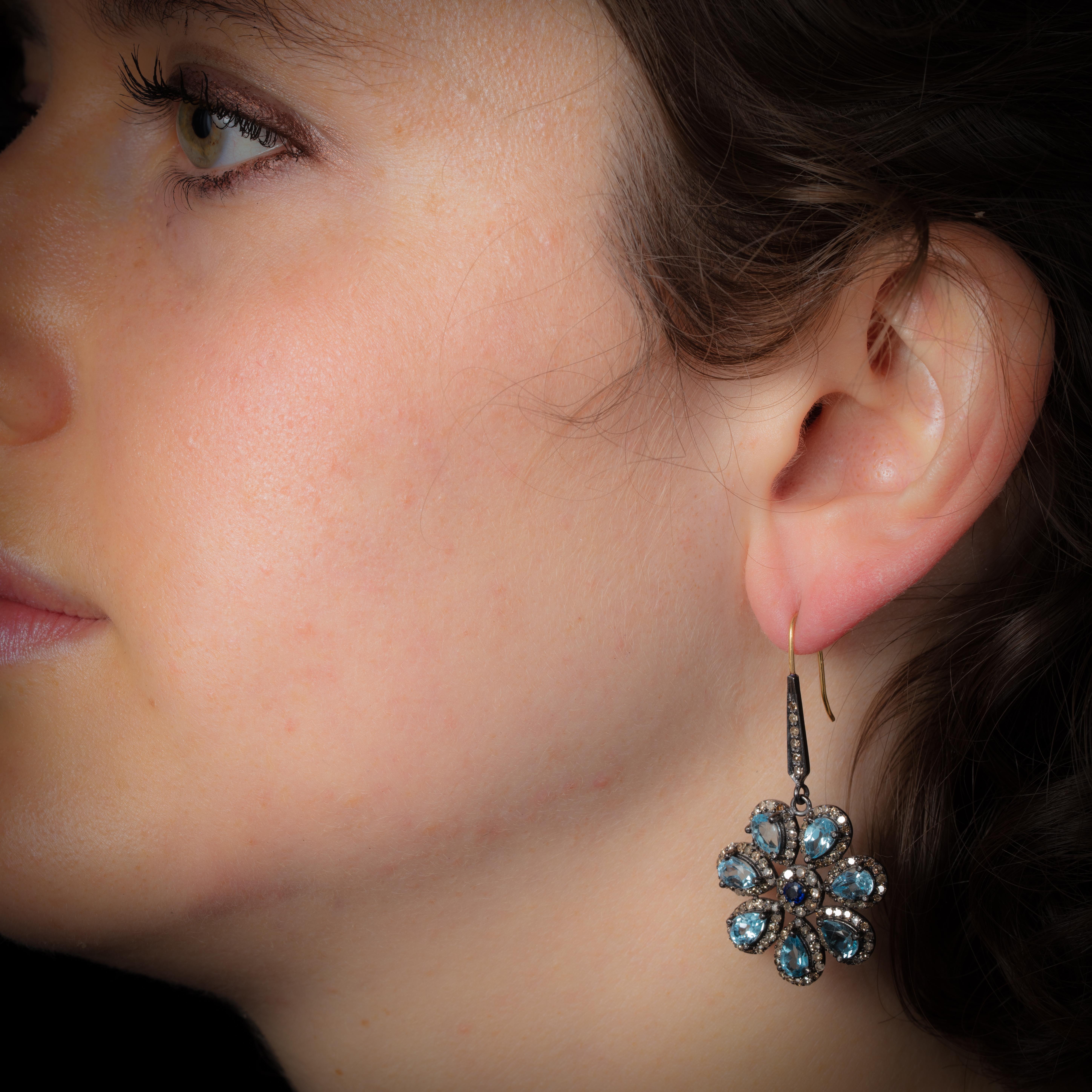 Flower Earrings in Blue Topaz, Sapphire and Diamonds In New Condition In Nantucket, MA