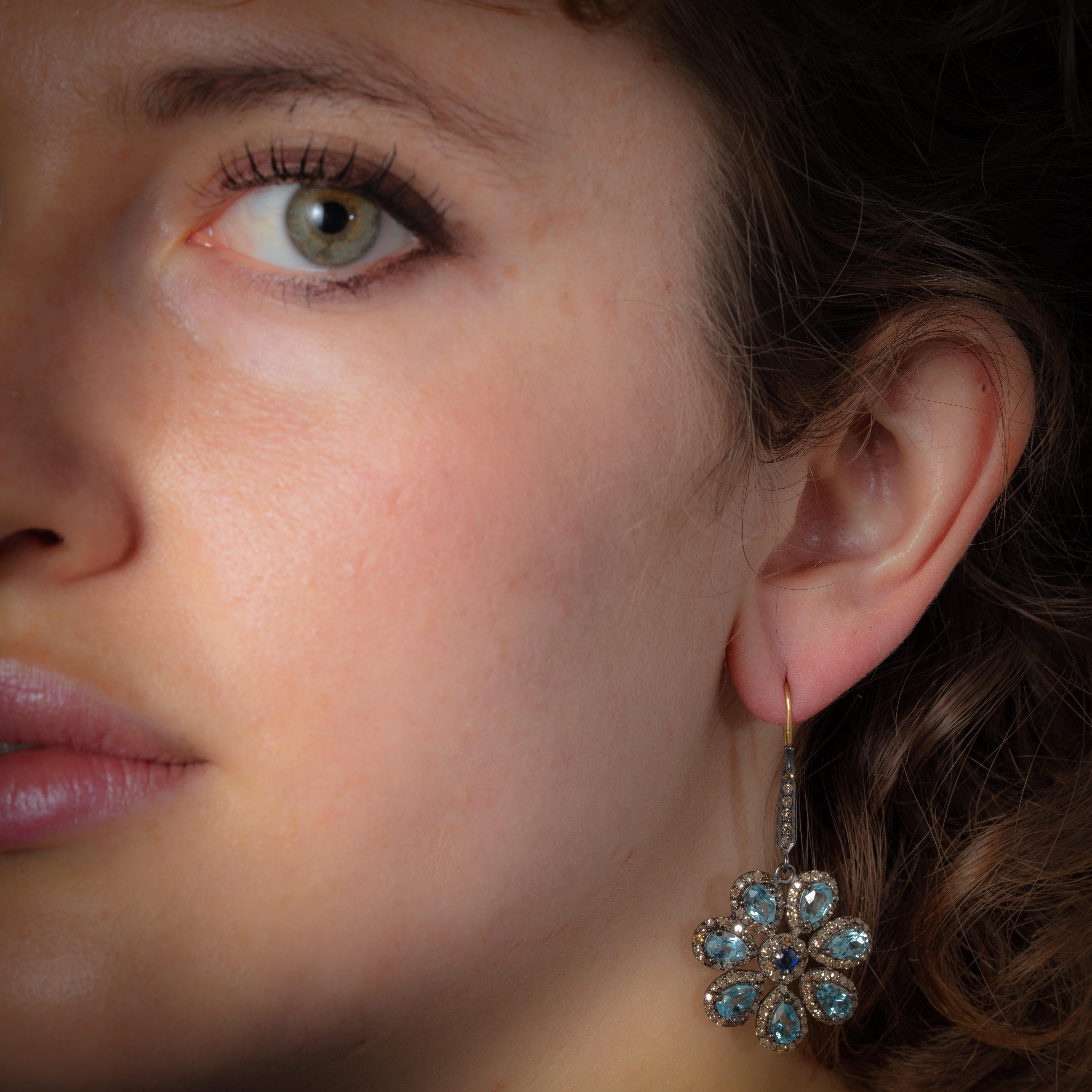 Women's or Men's Flower Earrings in Blue Topaz, Sapphire and Diamonds