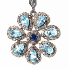 Flower Earrings in Blue Topaz, Sapphire and Diamonds