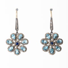 Flower Earrings in Blue Topaz, Sapphire and Diamonds