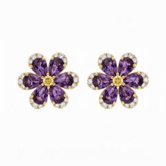 Flower earrings studs with amethyst and citrines, silver, gold