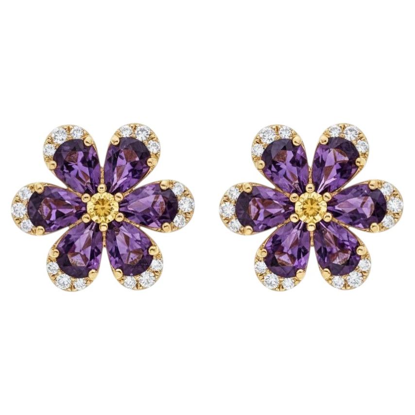 Flower earrings studs with amethyst and citrines, silver, gold For Sale