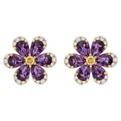 Flower earrings studs with amethyst and citrines, silver, gold