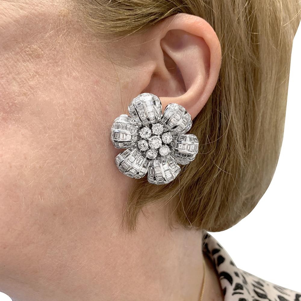 Flower Earrings, White Gold All Set with Round and Baguette Diamonds 4