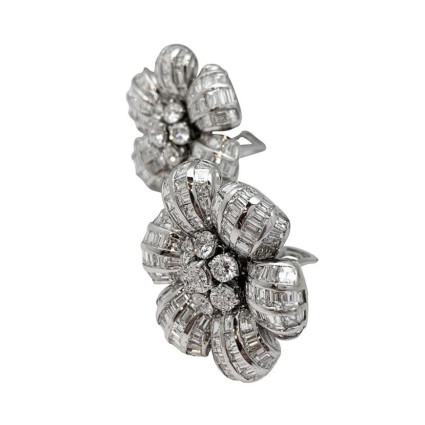 Modern Flower Earrings, White Gold All Set with Round and Baguette Diamonds