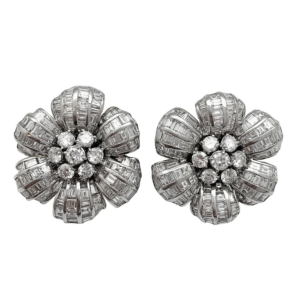 Baguette Cut Flower Earrings, White Gold All Set with Round and Baguette Diamonds