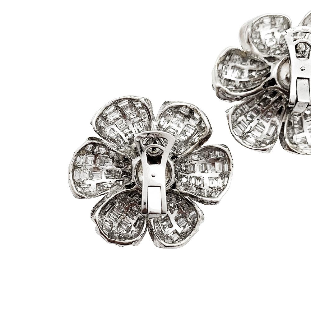 Women's Flower Earrings, White Gold All Set with Round and Baguette Diamonds