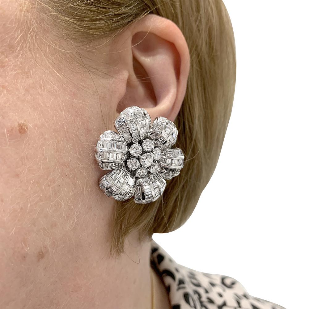 Flower Earrings, White Gold All Set with Round and Baguette Diamonds 3