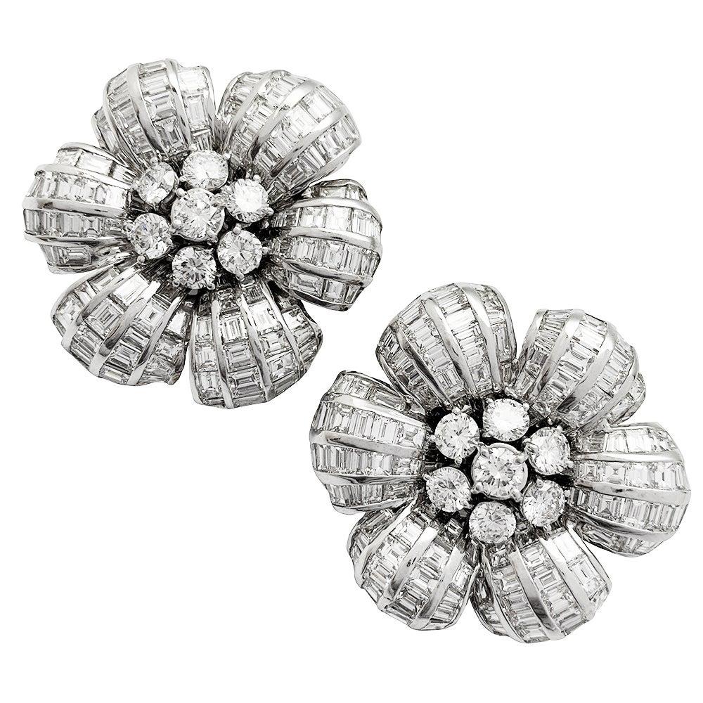 Flower Earrings, White Gold All Set with Round and Baguette Diamonds