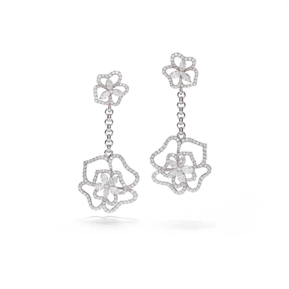 Earrings in 18kt white gold Flower set with 276 diamonds 2.06 cts and 16 marquise cut diamonds 2.03 cts 