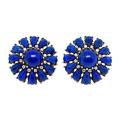 Flower Earrings with Lapis Lazuli Cabochon and Diamonds in Gold 18 Karats
