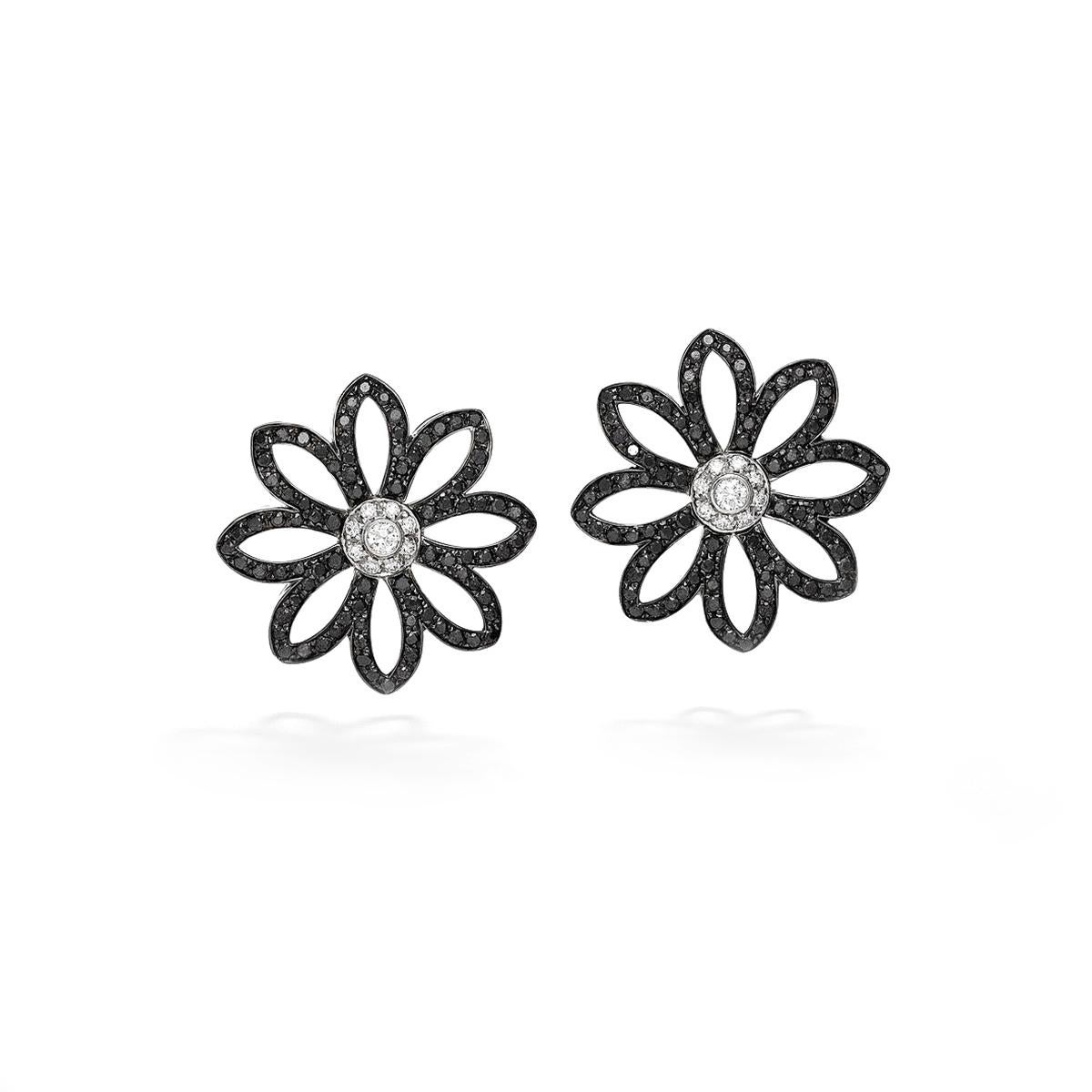 Round Cut Flower Earrrings with Black Diamonds For Sale