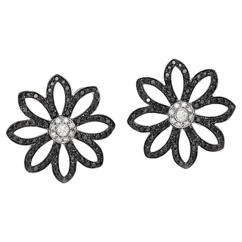 Flower Earrrings with Black Diamonds For Sale