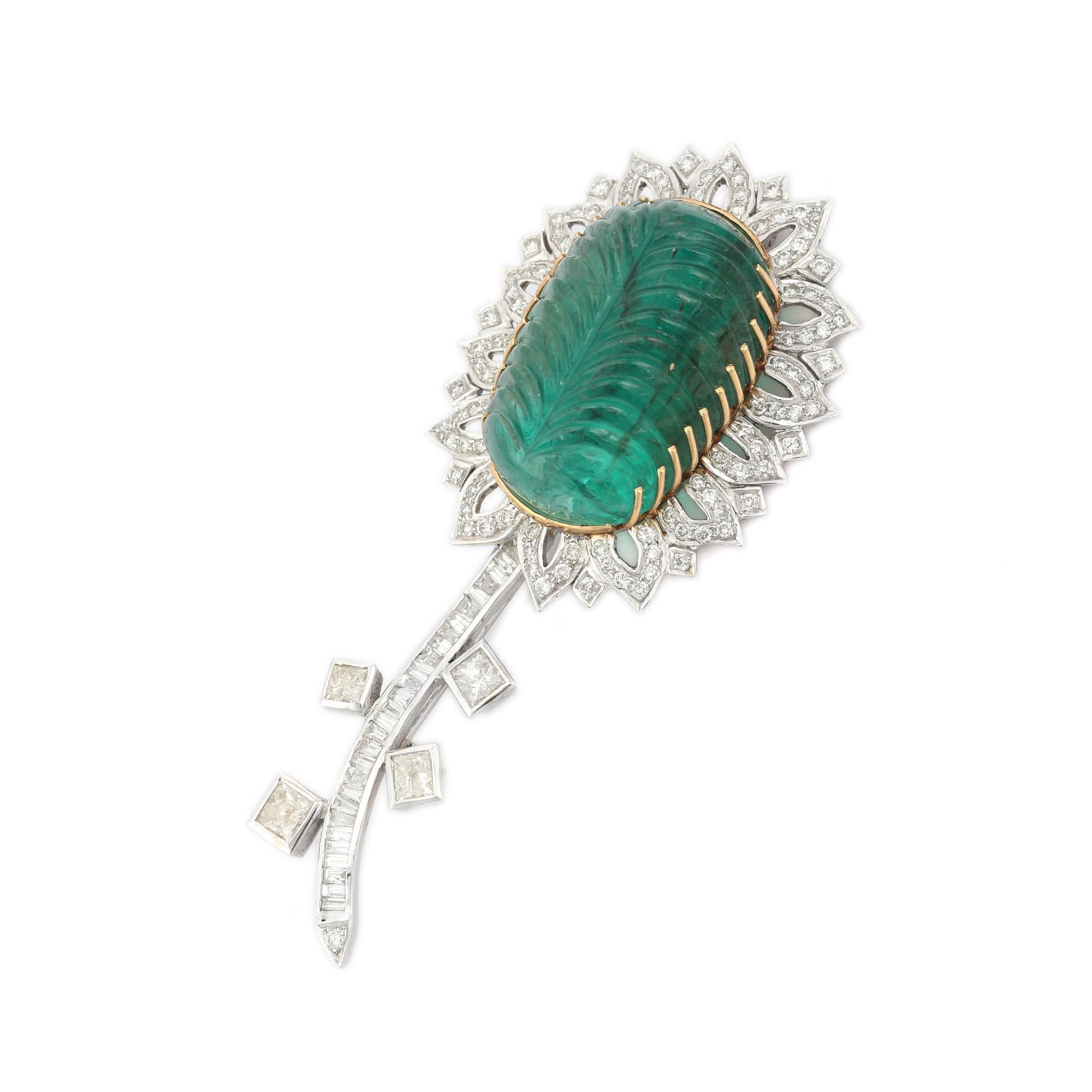 Art Deco 55 CTW Carved Emerald Diamond Floral Unisex Brooch in 18k Solid White Gold For Sale