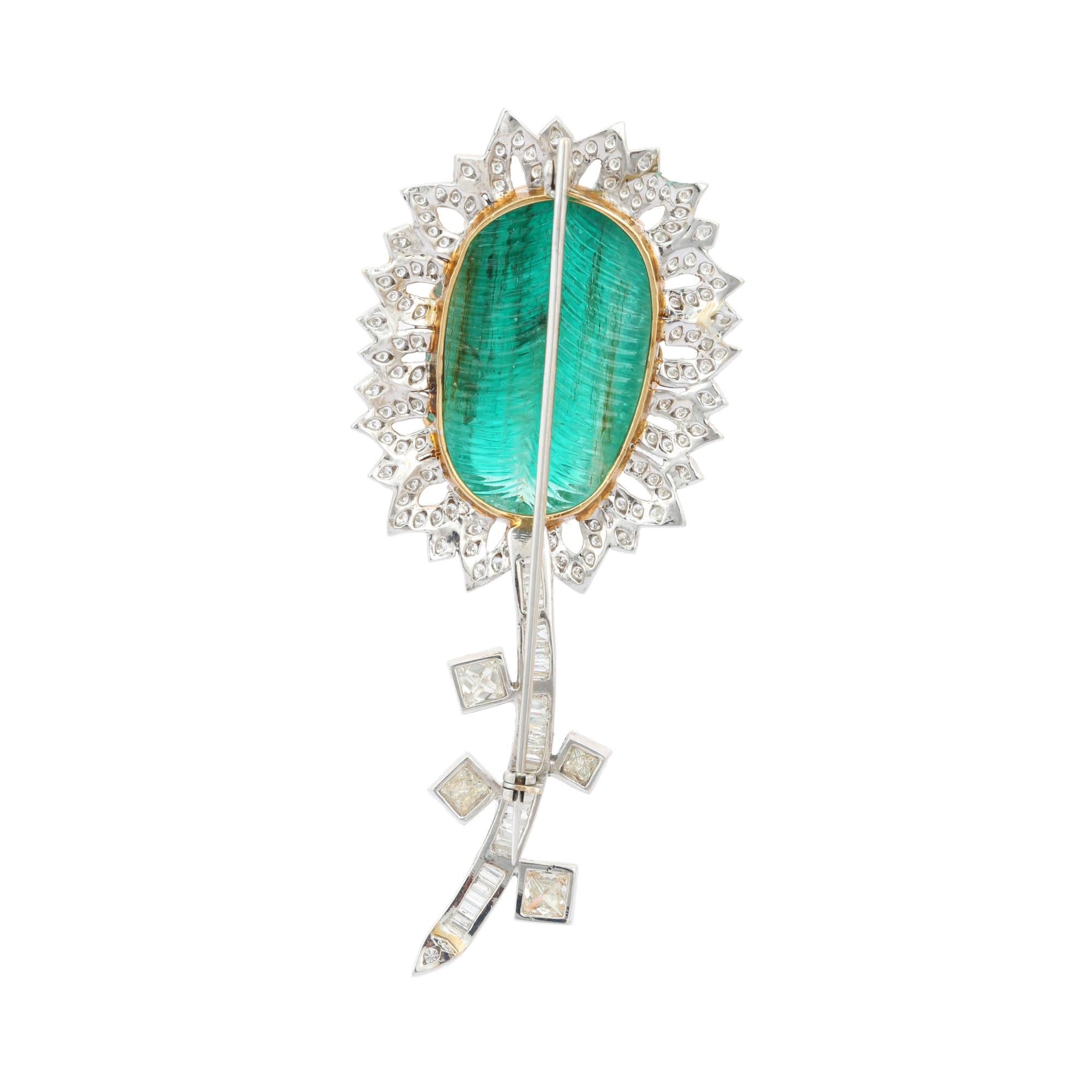 55 CTW Carved Emerald Diamond Floral Unisex Brooch in 18k Solid White Gold For Sale 2