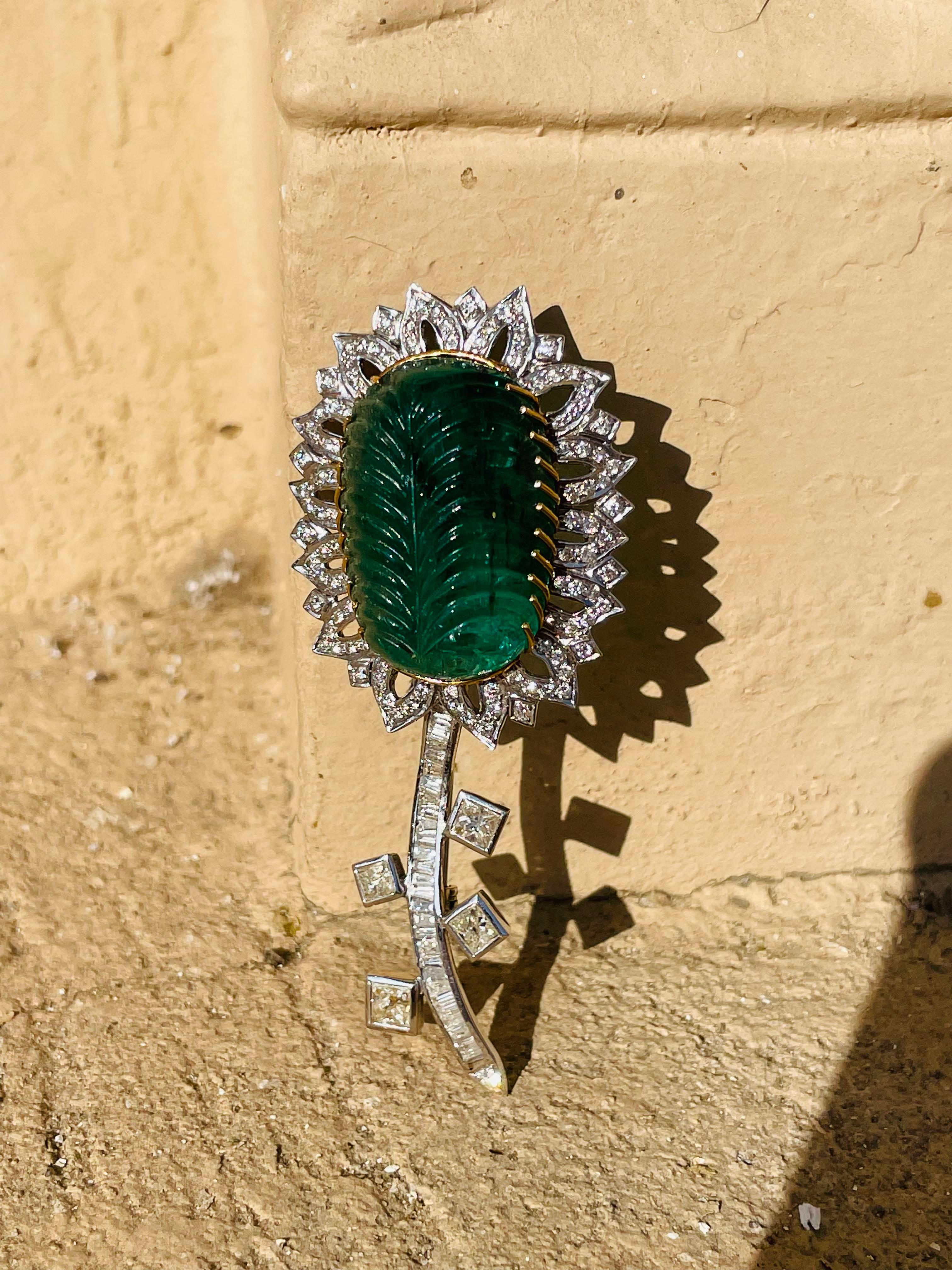 Cushion Cut 55 CTW Carved Emerald Diamond Floral Unisex Brooch in 18k Solid White Gold For Sale