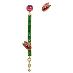 The Flower Emerald, Tourmaline and Ruby Mismatched Gold Earrings