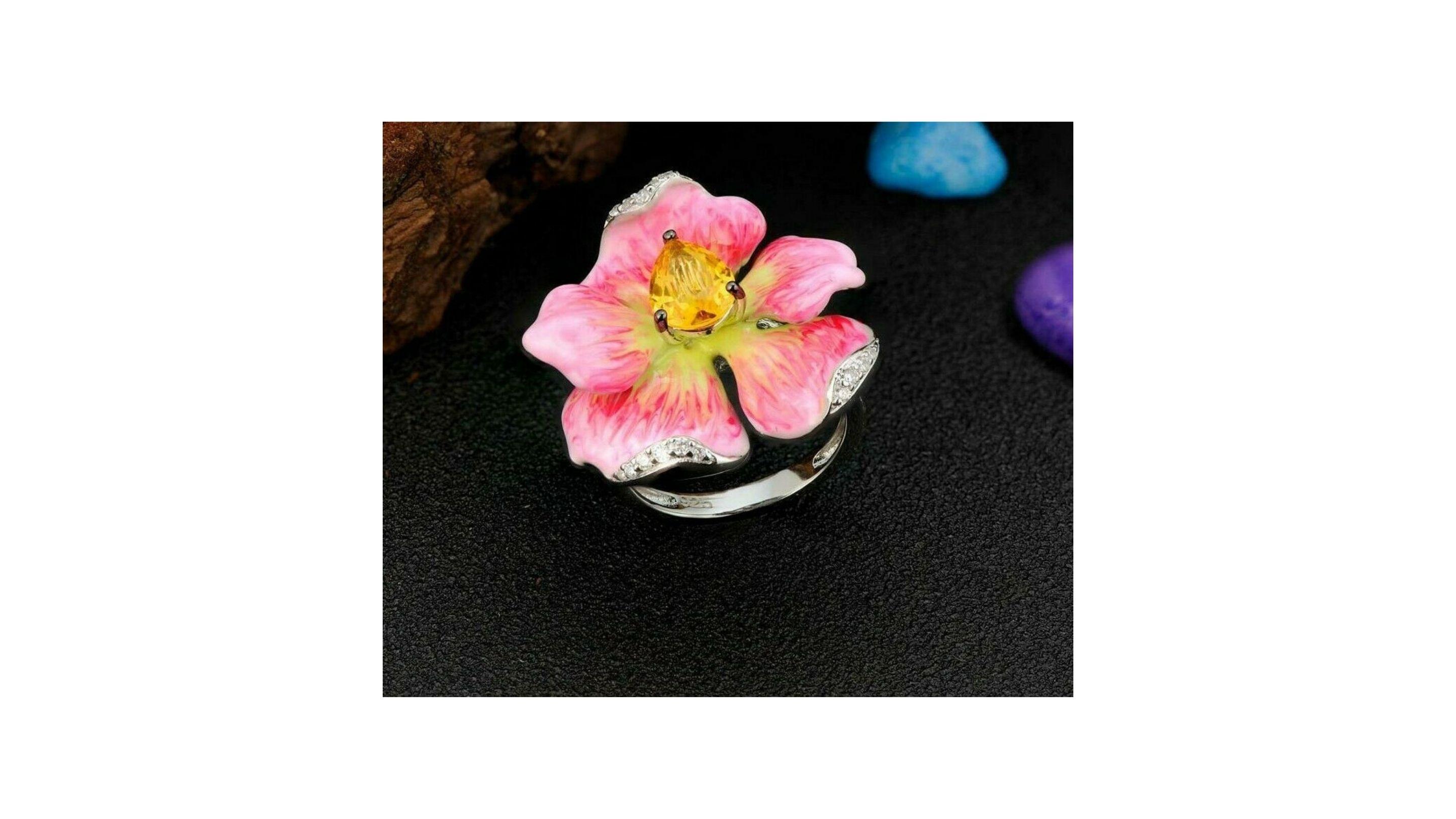Contemporary Flower Enamel Ring Sterling Silver For Sale