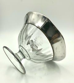 Flower Etched Footed Candy Bowl Compote with Sterling Silver Leaf Rim