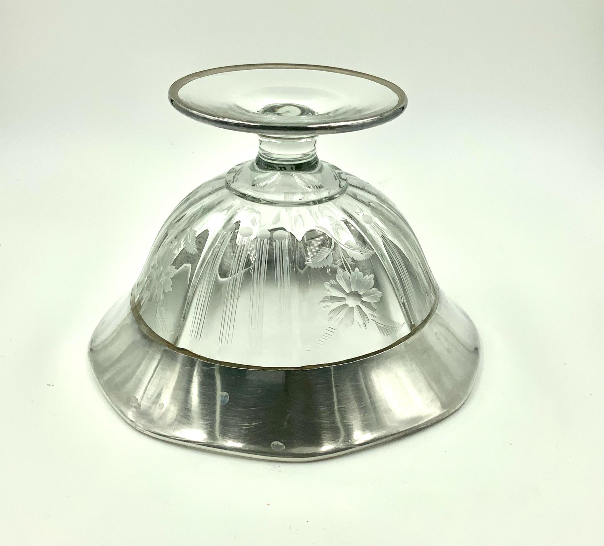 Flower Etched Footed Candy Bowl Compote with Sterling Silver Leaf Rim In Good Condition In Miami Beach, FL