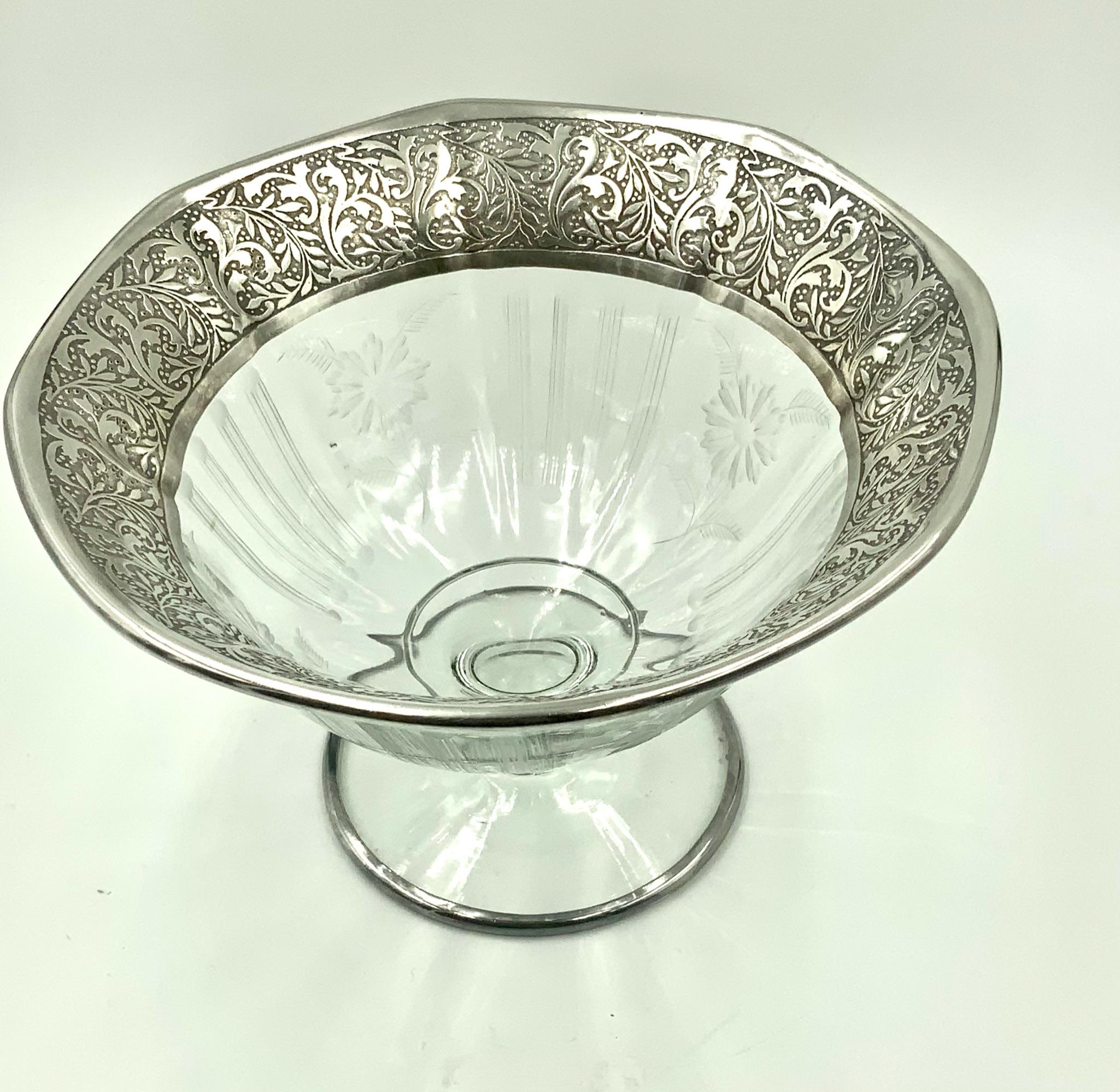 20th Century Flower Etched Footed Candy Bowl Compote with Sterling Silver Leaf Rim