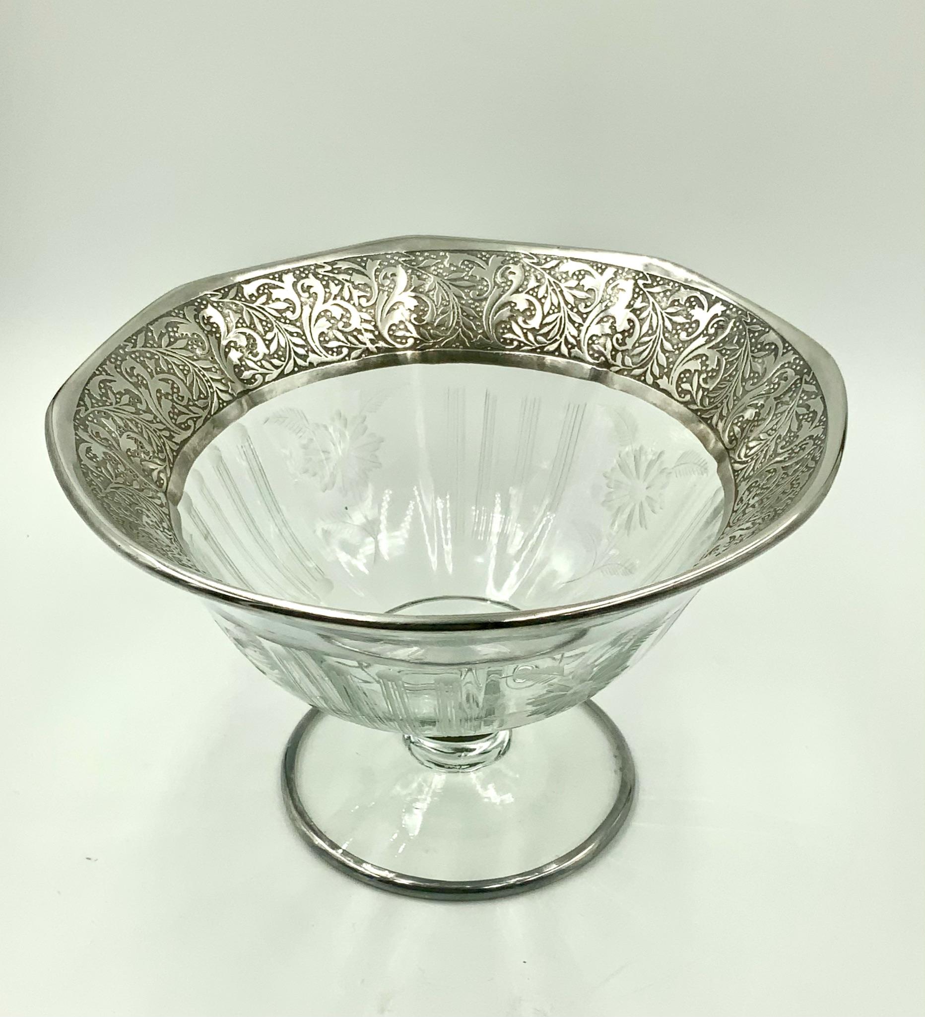 Flower Etched Footed Candy Bowl Compote with Sterling Silver Leaf Rim 1