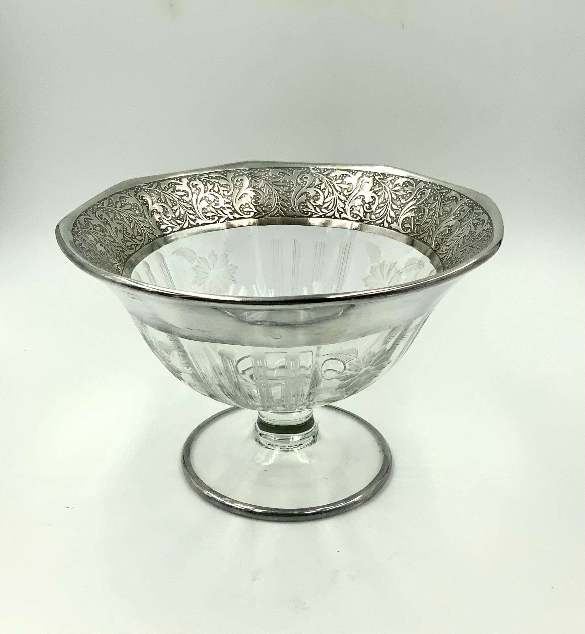 Flower Etched Footed Candy Bowl Compote with Sterling Silver Leaf Rim 2