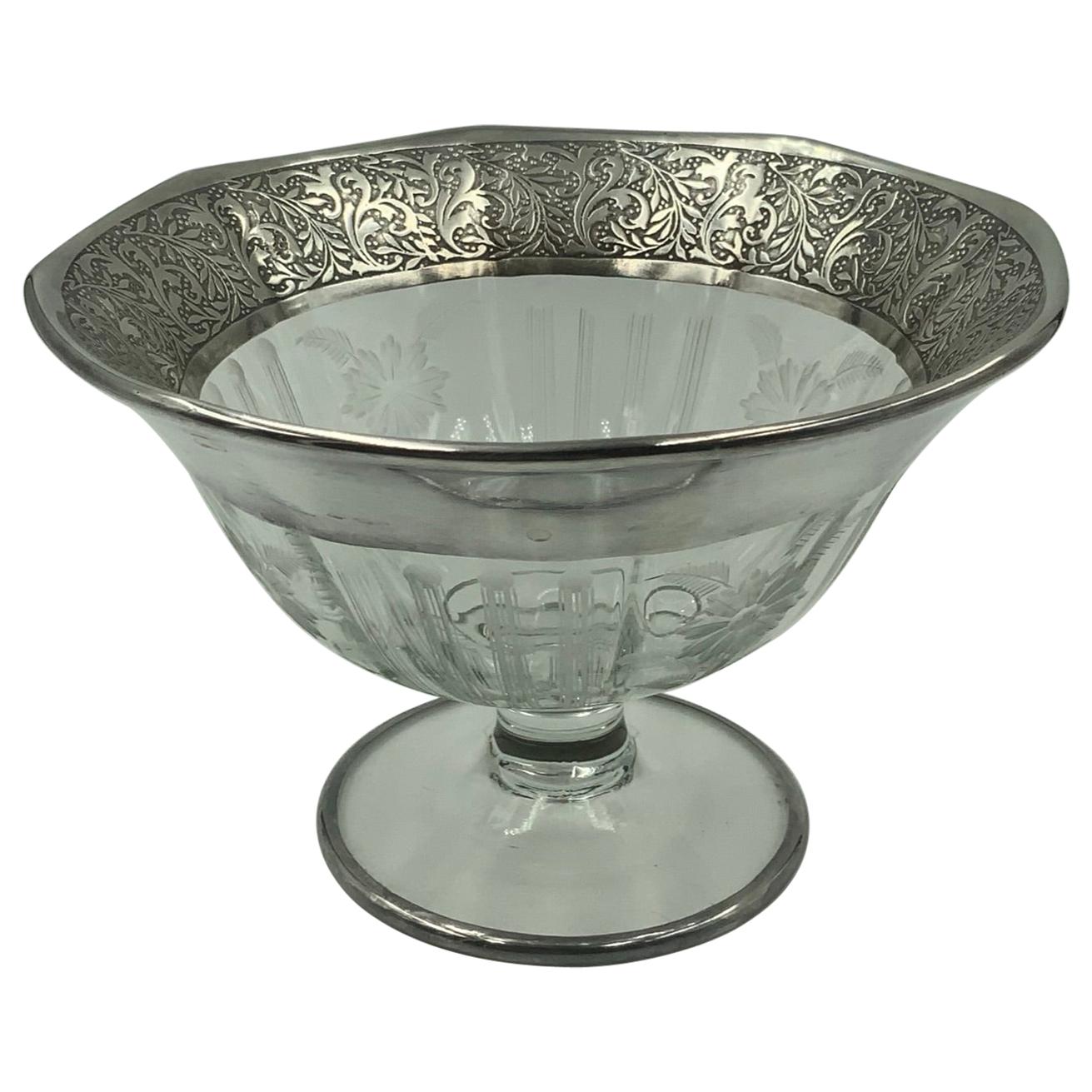 Flower Etched Footed Candy Bowl Compote with Sterling Silver Leaf Rim