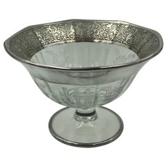 Vintage Flower Etched Footed Candy Bowl Compote with Sterling Silver Leaf Rim