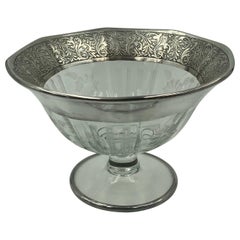 Retro Flower Etched Footed Candy Bowl Compote with Sterling Silver Leaf Rim